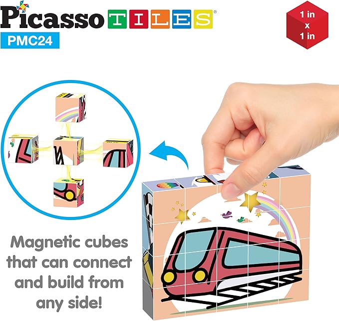 Picasso Cubes Magnetic Cube Puzzle 6-in-1 Vehicle Theme Pattern Magnet Brain Teaser Cubes Building Block 120 Pictures Toy Set Kids Ages 3 & Up Preschool Children Promotes Problem PMC24