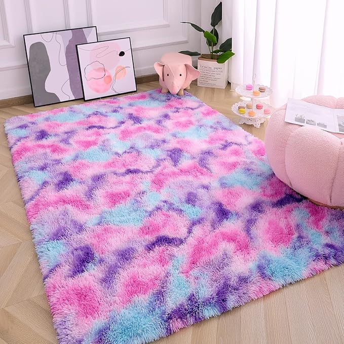 AROGAN Soft Rainbow Area Rugs for Girls Room 6x9 Feet, Fluffy Girls Bedroom Rugs, Princess Rug, Cute Colorful Carpet for Kids Teens Nursery Toddler, Hot Pink