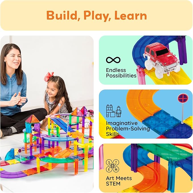 PicassoTiles 50 Piece Race Car Track Building Block Educational Toy Set Magnetic Tiles Magnet DIY Playset 2 Light Up STEM Learning Construction Kit Hand-Eye Coordination Fine Motor Skill Training