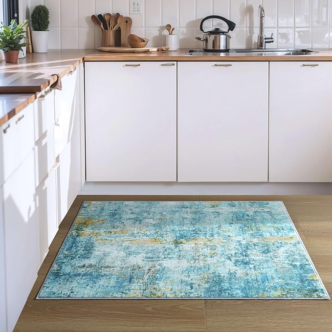 Entrance Rugs Indoor 2x3 Teal Blue Entry Rug Washable Abstract Small Area Rug Non-Slip Low Pile Throw Rugs for Entryway, Kitchen Floor, Front Door Indoor Door Mat, Bathroom, Bedroom Bedside