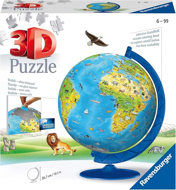 Ravensburger Children's World Globe 180 Piece 3D Jigsaw Puzzle | Easy Click Technology | Displayable Art | Perfect for Kids and Adults | 10.5 in Diameter
