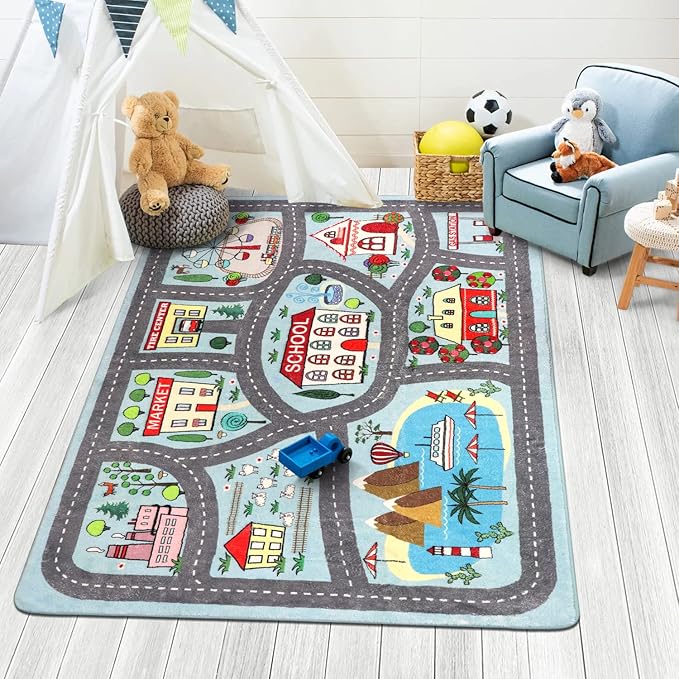 LIVEBOX Kids Rug 3'x5' Car Rug Play Mat for Playing Cars Toys, City Life Playroom Rug Educational Carpet for Children Boy Girl,Road Traffic Nursery Rug for Kids Room Play Area