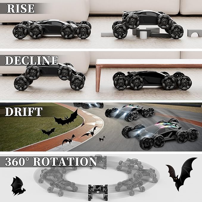 8WD Remote Control Car, 2.4Ghz RC Cars with Spray & Cool Light, Kids Toys Electroplating Process Transform Drift Climbing Car, Boys Toys for Age 4-6 7 8-13 Year Old (Black)