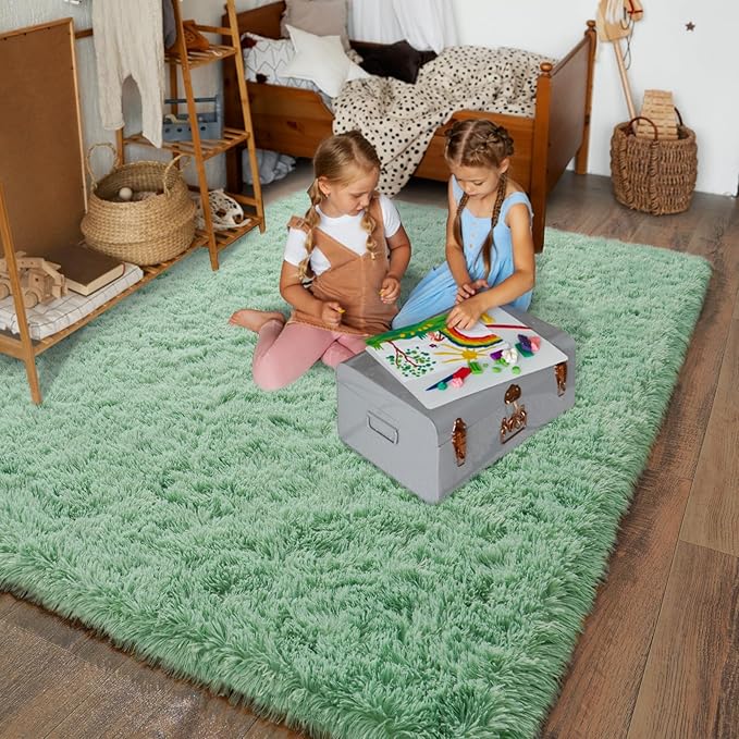 Super Fluffy Rug for Bedroom, Modern Shag Sage Green Area Rugs, Soft and Cozy Plush Carpet for Kids,Girls Boys and Teen Decorations for Living Room Dorm Nursery Classroom, 4x6 Feet Light Green