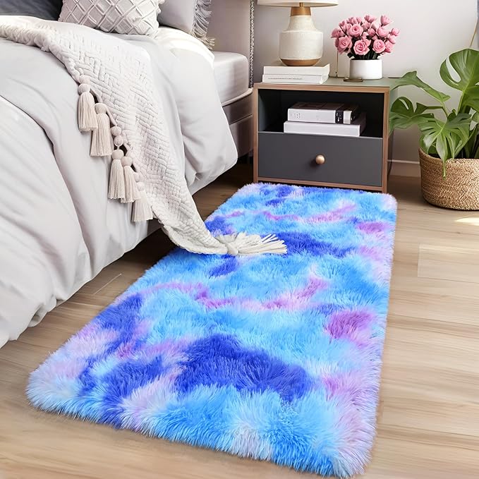 AROGAN 2x6 Feet Soft Runner Rugs for Bedroom Plush Fluffy Rug, Shag Furry Area Rug Carpet Non Shedding for Nursery Children Kids Girls Room Home Hallways Decorative, Blue and Purple