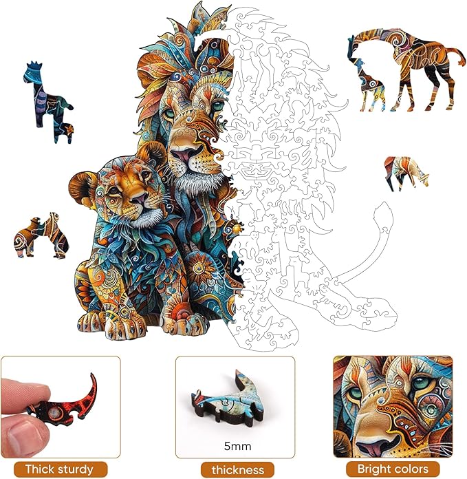 Wooden Puzzles for Adults, Lion Family Jigsaw Puzzles 200 Piece, Unique Shape Puzzles for Adults and Kids, Fun Challenging Puzzles Family Game Gift, Medium Size 10.6 x 11.3 Inches