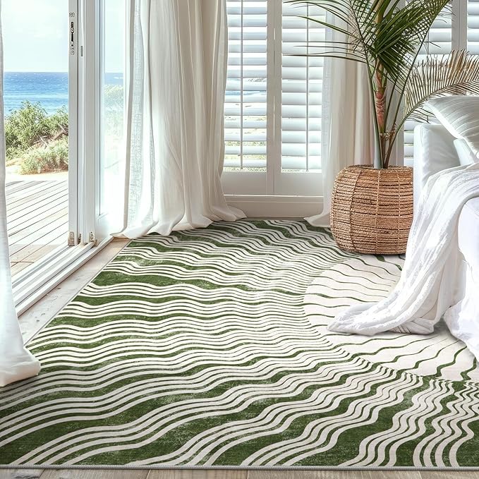 Boho Washable Rugs 5x7, Sun Print Soft Green Rug for Bedroom Ultra-Thin Nursery Rug Non Slip, Stain Resistant Living Room Rug for Dining Room Classroom(5'x 7',Green/Multi)