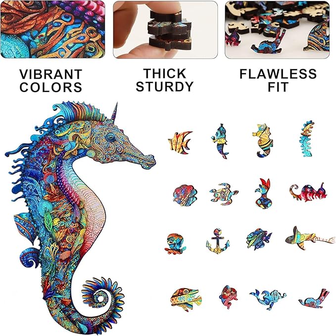 Wooden Jigsaw Puzzles, Unicorn Seahorse Wood Puzzle 200 Pieces, Unique Shaped Wooden Puzzles for Adults and Kids, Family Game 8.5 x 13.4 Inches
