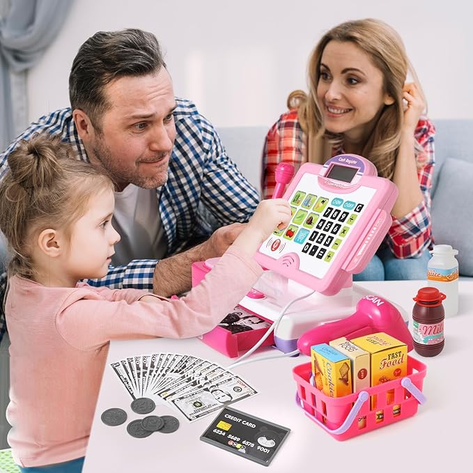 Play Calculator Cash Register Toy Gift for Kids Girls Age 3, 4, 5, 6, 7, 8+ Year Old, 57 Pcs Pink Pretend Grocery Store Playset, Incl Microphone, Credit Card, Scanner, Fake Food, Play Money for Kids