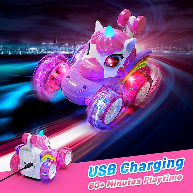 Carsky Remote Control Car RC Stunt Cars for Girl 360°Stunt Rotation 4WD Remote Cars for Kids 3-6 Double Sided RC Car with LED Lights,2.4GHz Electric Toy Car,Birthday Gift for 3 4 5 6 Year Old Girl