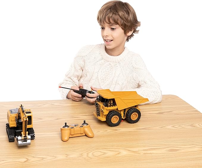 JOYIN 2 PCS Remote Control Construction Vehicle Toy Set, Friction-Powered RC Excavator & RC Dump Truck with Lights and Sounds for Imaginative Play, Birthday Gifts for Toddlers Boys Girls