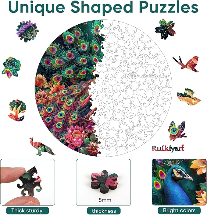 Colorful Peacock 200 Pieces Wooden Jigsaw Puzzles for Adults Unique Irregular Shape Fun Challenging Bird Puzzles for Kids and Couples on Birthday,Children’s Day,Christmas11.2 x11.2