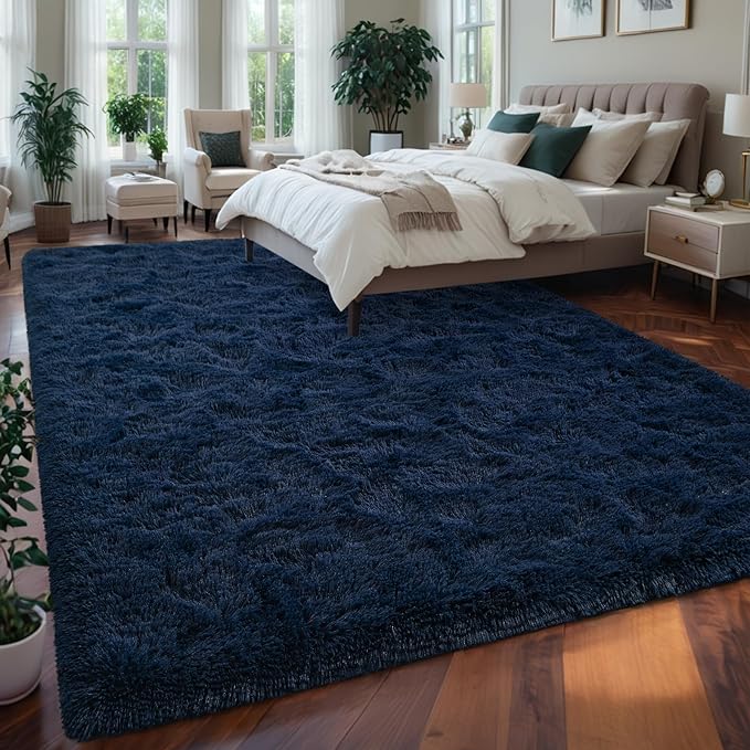 Nuttumico Fluffy Navy Blue Rug Carpet for Bedroom Living Room, 4x6 ft Area Rugs for Boys Kids Girls Bedroom Decor, Soft Shaggy Plush Floor Rug for Kids Nursery, Non-Slip