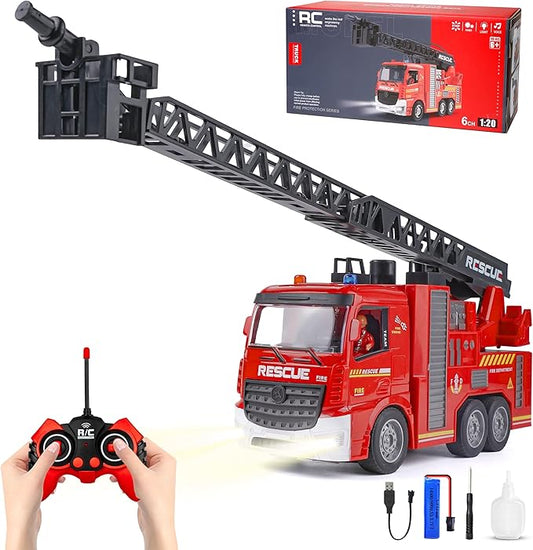 AISYAH RC Fire Engine Truck - Remote Control Fire Truck Toy with 12-Inch Ladder and Lights and Sirens, Best Gift Toy for Boys Girls