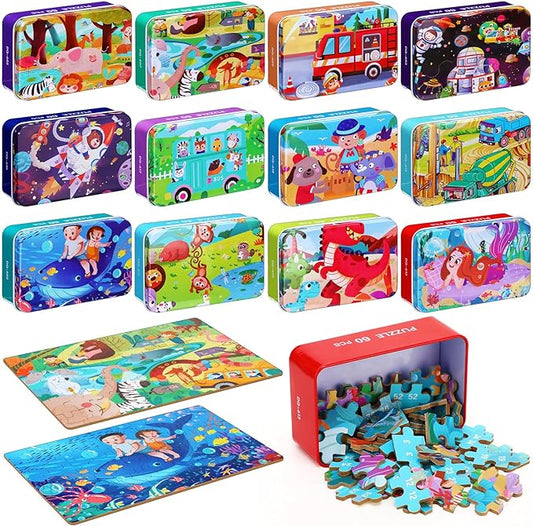 12 Boxes Party Favors Jigsaw Puzzles in a Metal Box for Age of 4-8, Wooden Puzzle for Ages 4-8 Boys and Girls Learning Educational Jigsaw Pieces Toys, 12 Styles(Novel)