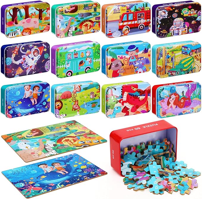 12 Boxes Party Favors Jigsaw Puzzles in a Metal Box for Age of 4-8, Wooden Puzzle for Ages 4-8 Boys and Girls Learning Educational Jigsaw Pieces Toys, 12 Styles(Novel)