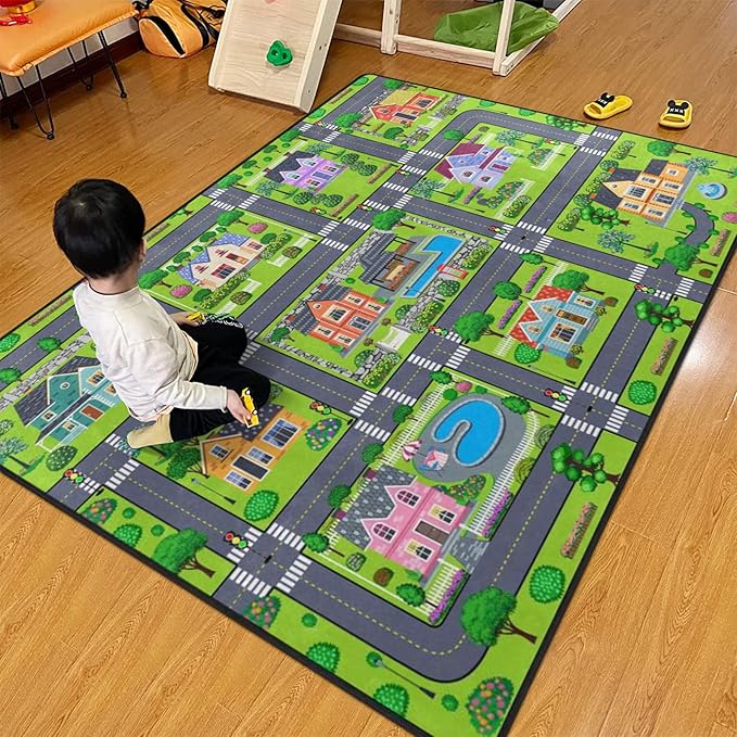 Kids Rug, Village Road Playmat Rugs - 5x7 Ft Kids Carpet with Rubber Backing, Cartoon American Style Village Theme House & Road Play Mat Nursery Rugs for Children Bedroom Playroom