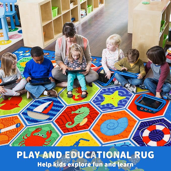 Large Classroom Rug 4×6 Hexagons 24 Seats Ocean Themed Kids' Carpet Kid Rug 13.3'×7.7' Educational Play Mat for Interactive Learning Preschool Rugs for Classroom Learning Area 157"×91"