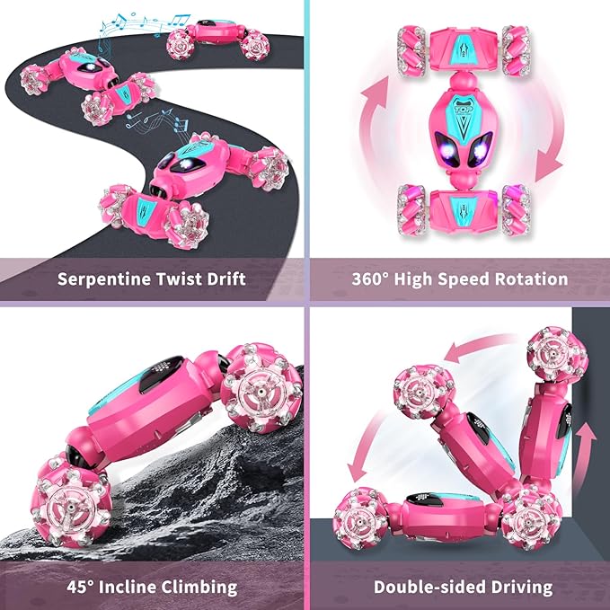 Gesture Sensing RC Stunt Car, Birthday Gifts Toys for Kids, 5-7 6-12 8 9 10 11 Years Old Boys and Girls Remote Control Car, Modular Battery, Type C Charging, 360° Rotating, 4WD Drift (Barbie-powder)