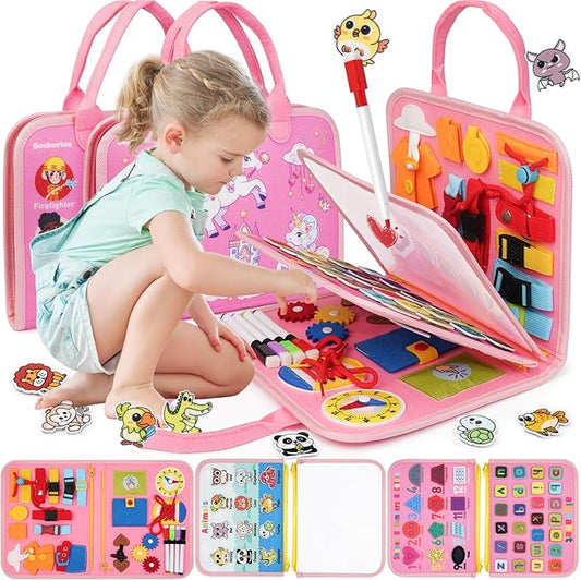 2 Year Old Girl Birthday Gift, Montessori Busy Board Book- Toddler Christmas Toys for 1 2 3 Year Old Girls Gift, Educational Sensory Learning Activity Toys for Road Airplane Travel