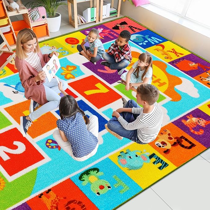Classroom Carpet Kids Rug,59''X78.7'' ABC Alphabet Animals Hopscotch Rug,Non-Slip Educational Kids Rugs for Playroom,Washable Numbers Learning Classroom Rug for Playroom Kids Room Nursery
