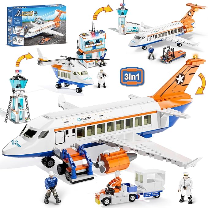 City Passenger Airplane Building Set for Boys, 3 IN 1 Plane Toy Kit with 3 Airport Staff, Helicopter, Terminal, Baggage Truck, Radar Tower, STEM Toy Gift for Kids Girls 6 7 8 9 10+ years old (796 PCS)