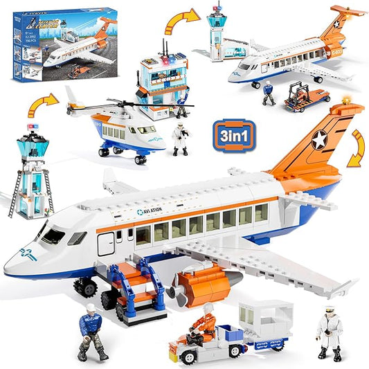 City Passenger Airplane Building Set for Boys, 3 IN 1 Plane Toy Kit with 3 Airport Staff, Helicopter, Terminal, Baggage Truck, Radar Tower, STEM Toy Gift for Kids Girls 6 7 8 9 10+ years old (796 PCS)