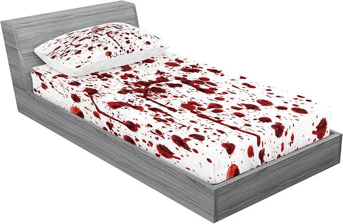 Ambesonne Horror Lover Fitted Sheet & Pillow Sham Set Splashes of Blood Grunge Style Bloodstain Horror Scary Zombie Halloween Print Decorative Printed 2 Piece Bedding Decor Set Twin, Scarlet White