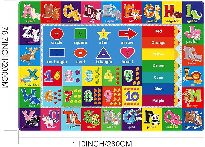 Kids Play Rug for Playroom, ABC Educational Area Rug, Toddler Baby Play Mat, Alphabet Animal Soft Non-Slip Kids Rug Carpet for Boy Girl Bedroom (110X78.7 INCH Blue)