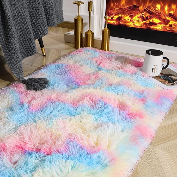Ompaa Soft Fluffy Rainbow Runner Rug for Girls Bedroom Carpets, Kawaii Tie Dye Kids Rugs for Teens Unicorn Dorm Aesthetic, Pastel Shaggy Nursery Area Rug for Baby Princess Room, 2x4 Feet
