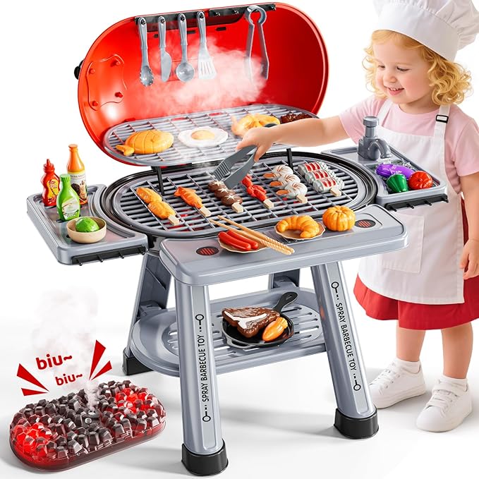 Kids Kitchen Toy Set, Kids BBQ Grill Kitchen Playset with Smoke, Sound & Light, 2-Layer Barbecue Indoor Outdoor Play Grill Toy Gift for Toddler Girl Boy Toy 3 4 5 6 7 8 Year Old
