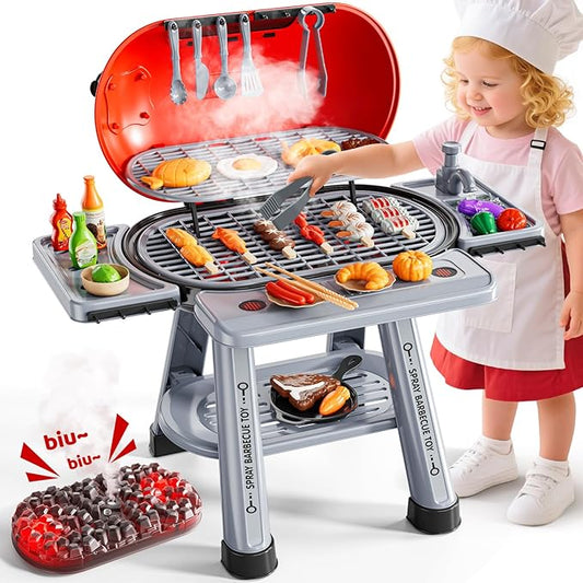 Kids Kitchen Toy Set, Kids BBQ Grill Kitchen Playset with Smoke, Sound & Light, 2-Layer Barbecue Indoor Outdoor Play Grill Toy Gift for Toddler Girl Boy Toy 3 4 5 6 7 8 Year Old