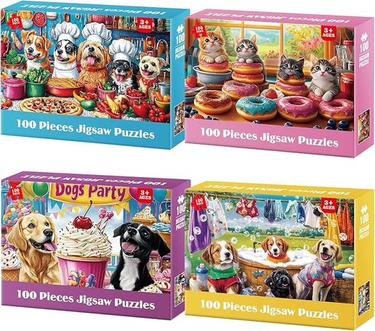4-Pack 100 Piece Puzzles for Kids Ages 6-8 8-10 Year Old Large Piece Puzzles for Seniors 100 Pieces Jigsaw Puzzles for Kids Ages 4-6, Learning Educational Toys for Boys and Girls- Dogs Kittens Donuts