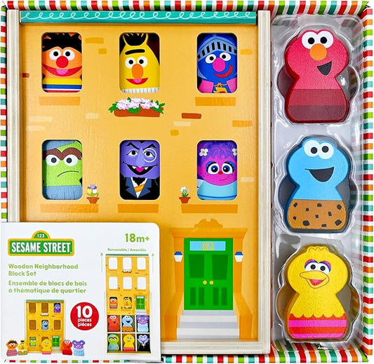 KIDS PREFERRED 123 Sesame Street Wood Brownstone Building Mix and Match Wooden Play Set Puzzle with Storage Case, Toddler Sorting and Matching Puzzles