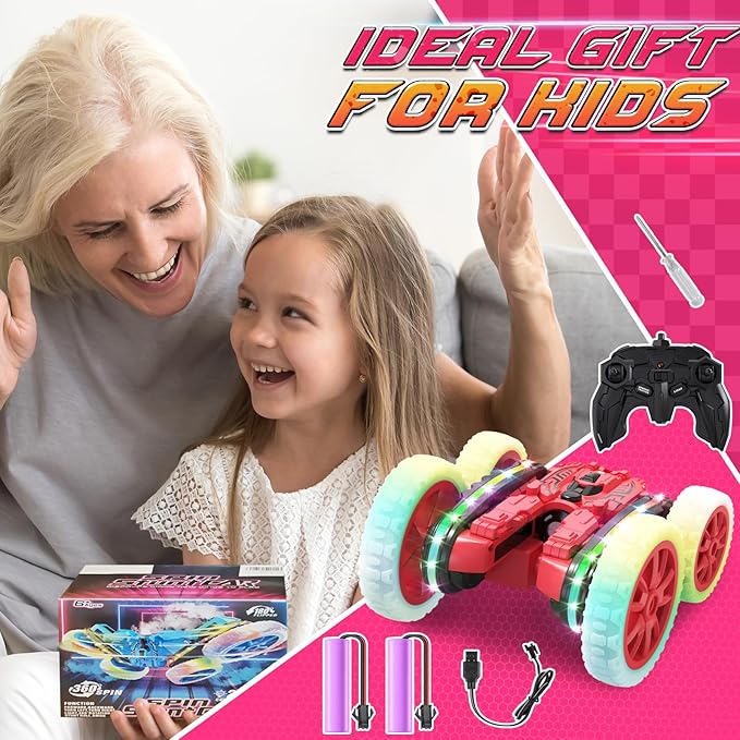 Remote Control Car,RC Cars with Sides Light and Headlights,360°Rotating 4WD Spray RC Stunt Car,2.4Ghz All Terrain Toy Car for Boys Age 4-7 Kids Toy for 8-12 Boys Girls Birthday Gift(Red)