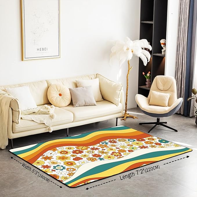 Erosebridal 70S Retro Flower Area Rug Kids Girls Cute Groovy Vintage Floral Rug 5x7 Rainbow Wavy Geometric Floral Hippie Colorful Abstract Boho Botanical Non Slip Carpet for Bedside