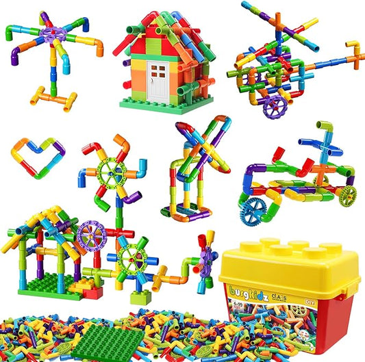 burgkidz STEM Learning Pipe Tube Construction Building Blocks, Sensory Toys with Wheels Baseplate for All Ages Kids Boys Girls, 188 Pcs