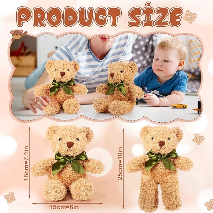 HyDren 6 Pcs Bear Stuffed Animal Plush Toys Soft Plush Dolls Bear Sleeping and Playing Toys for Baby Shower Decoration Boy(Fuzzy Style,Brown)