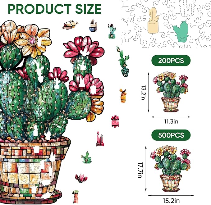 Stained Glass Cactus Wooden Puzzles for Adults, 500 Pieces Jigsaw Puzzles, Unique Shaped Royal Size Liberty Wood Puzzle Gift for Adults and Kids, Family Game 15.2'' x 17.7''