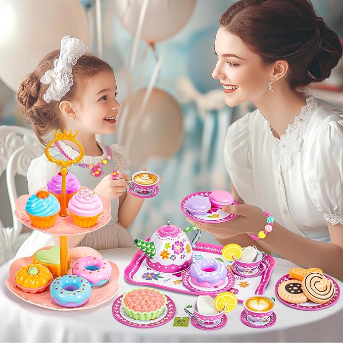 Kids Tea Party Set for Little Girls, Flower Toy Tin Tea Set with Carry Case, Dessert Play Food Tea Cup Set Teapot Girl Jewelry, Birthday for Girls Kids 3 4 5 6 7 Years Old