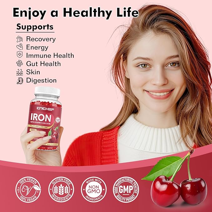 Iron Supplement for Women & Men Gummies, Multivitamin Blood Builder Iron Supplement with Folate Vitamin C B12 B6 Zinc for Adults & Kids - Energy Support - Cherry Flavor, Vegan 60 Gummies