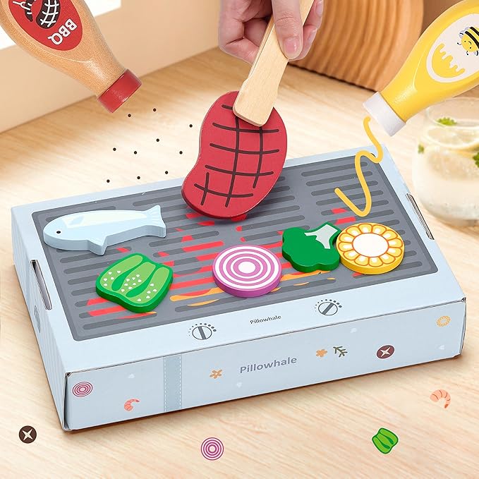 Wooden Play Food for Kids Kitchen - 24 Pcs Montessori Pretend Play Kitchen Accessories, Educational Learning Toys with Toy Fruits, Vegetables & Meat, Gift for Boys Girls Ages 3-6