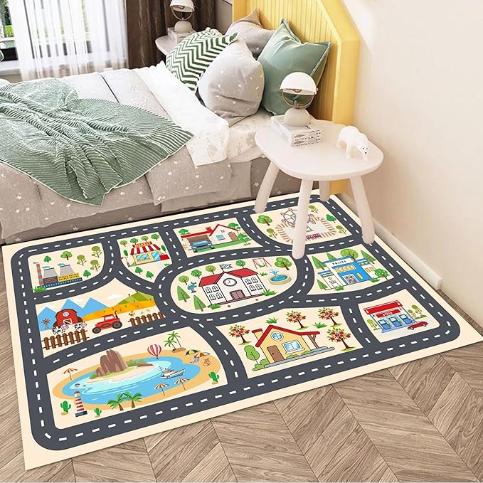 Kids Car Rug Play Mat Carprt for Playroom Classroom, largr Educational Area Rugs with Non-Slip Backing, City Life Play Carpet for Playing Cars Toys Ideal Gift for Children Boy Girl 2.6x3.9ft