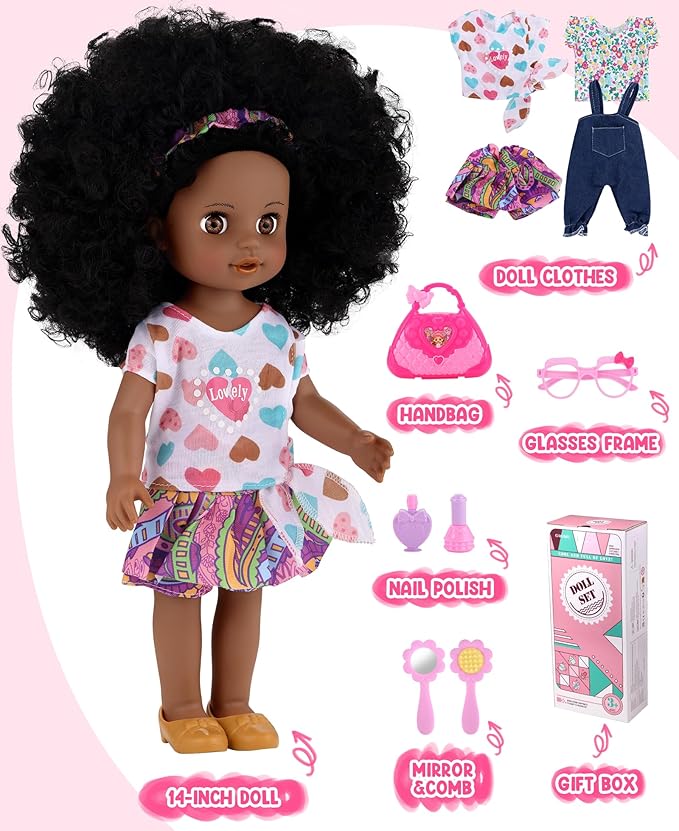 GAGAKU Black Doll for Girls, 14" Black Baby Dolls Set for Toddlers Kids 2 3 4 5 6 Years Old, Black Girl Baby Doll with Natural Hair, Including Doll Clothes Accessories