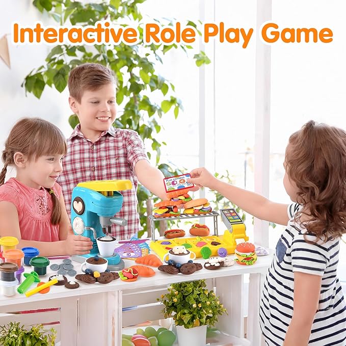 Color Dough Sets for Kids 2-4 4-8, Play Kitchen Creation Cafe Dough Toy Sets, Color Dough Tools, Coffee Maker Set Dough, Arts and Crafts Clay for Girls Boys, 8 Cans of Modeling Compound