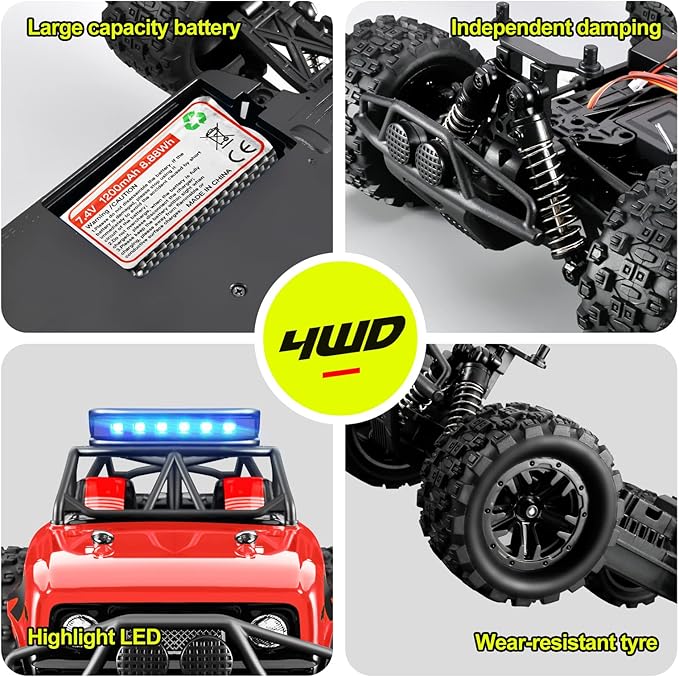 RC Car Remote Control Truck, 1:18 Scale 4WD Off Road RC Truck, 40km/h Remote Control Cars, 2.4Ghz RC Vehicle Rock Crawler with 2 Batteries-60 min Playtime, for Boys Kids Girls Teens - Red