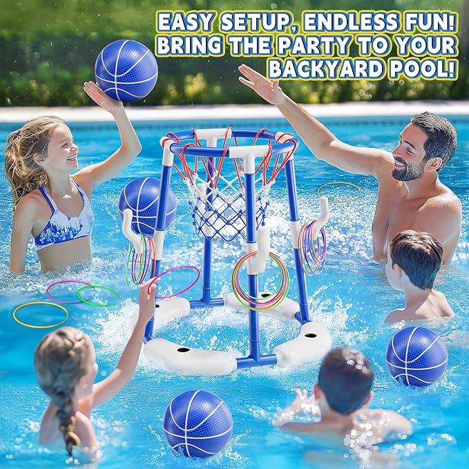 Pool Basketball Hoop, Floating Game with 6 Balls & Pump, Kids Pool Toys for Outdoor Summer Fun, Adjustable Height for Ages 4-8-12, Family Swimming Pool Accessory（Blue）