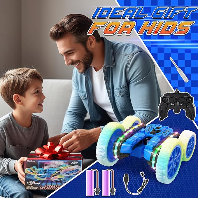 Remote Control Car,RC Cars with Sides Light and Headlights,360°Rotating 4WD Spray RC Stunt Car,2.4Ghz All Terrain Toy Car for Boys Age 4-7 Kids Toy for 8-12 Boys Girls Birthday Gift(Blue)