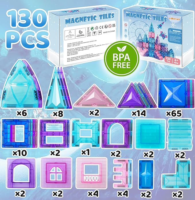 130Pcs Magnetic Tiles, 3D Diamond Magnetic Building Blocks Toys for Girls, STEM Sensory Educational Toys for Toddlers Kids, Birthday for Girls 3 4 5 6 7 8+ Year Old