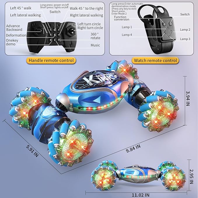 Remote Control Stunt Car, Gifts Toys for Boys 4-12 Year Old, Gesture Sensing RC Cars 2.4GHz 4WD Drift Hand Controlled Twist Cars, Off-Road 360° Rotating Transform Cars with Lights & Music
